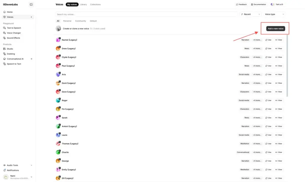 ElevenLabsの「Add a new voice」をクリック