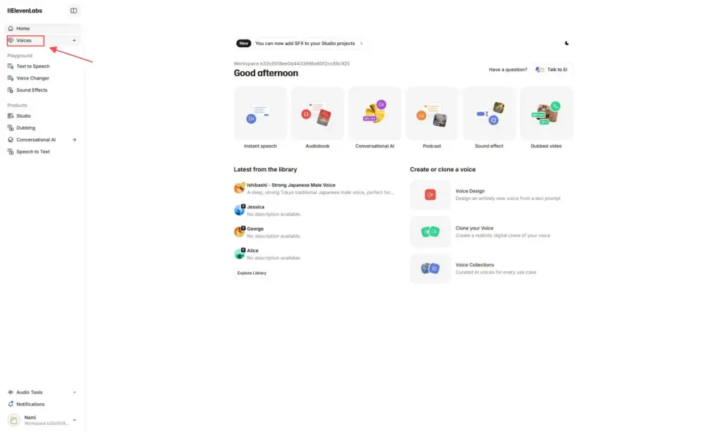 ElevenLabsの「Voices」を選択