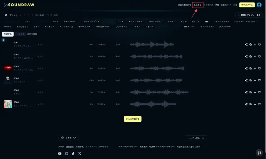 soundrawの「生成する」をクリック