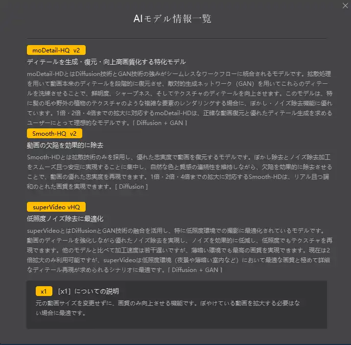 Aiarty Video Enhancer AIモデル情報一覧