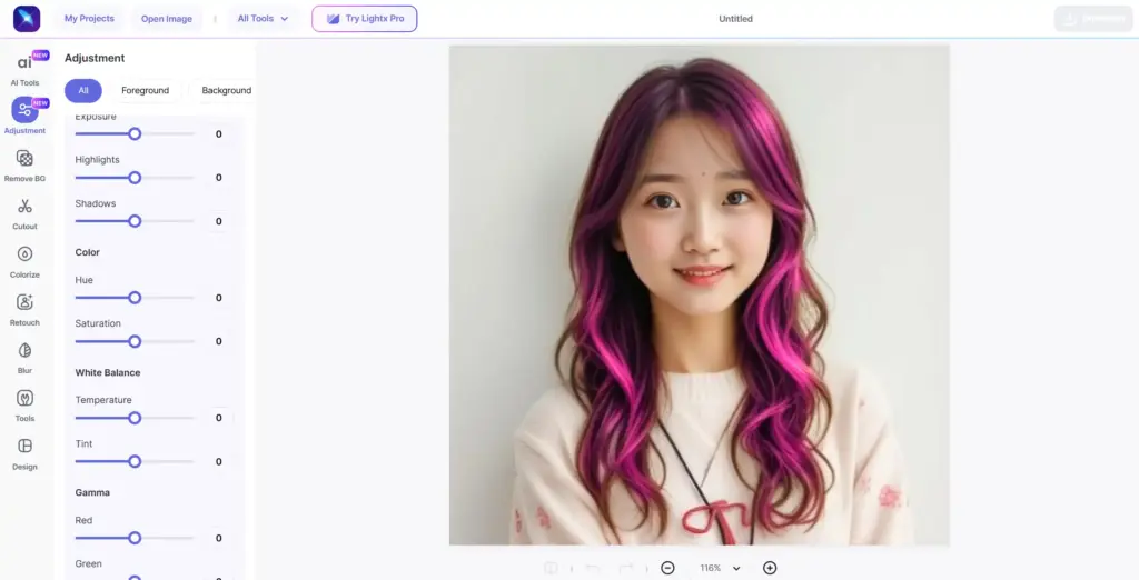 LightX Editor ヘアカラーチェンジャーインターフェース