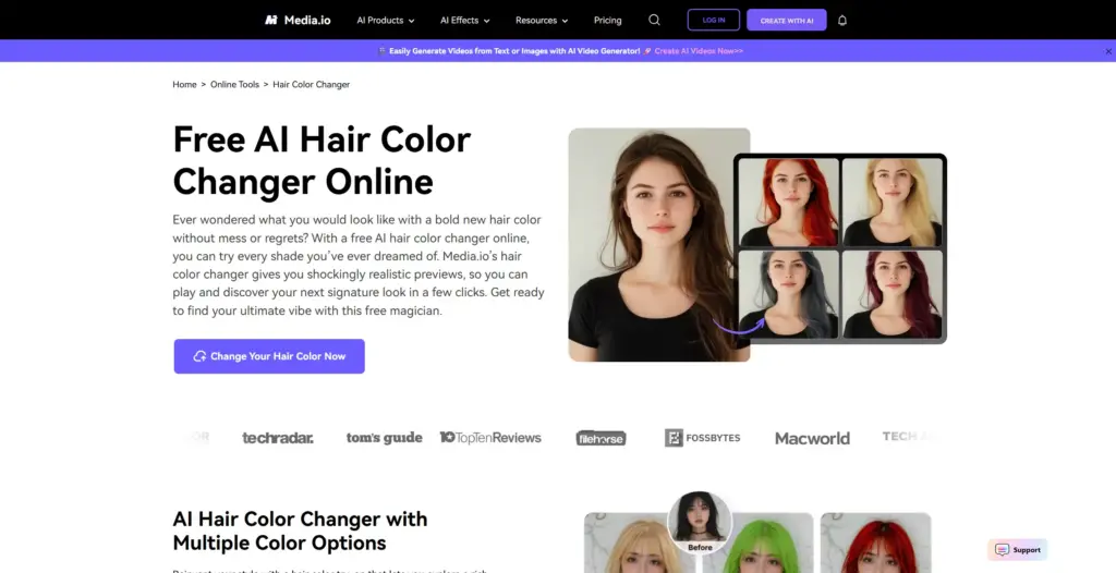 Media.io AIオンラインヘアカラーチェンジャー