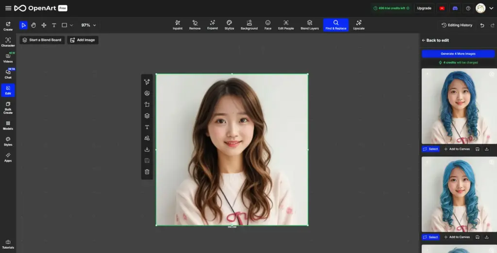 OpenArt.ai 無料オンラインヘアカラーチェンジャーインターフェース