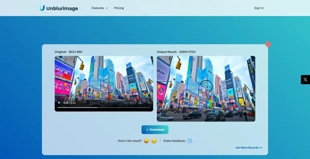 UnblurImage.ai 動画のモザイクを消すツールインターフェース