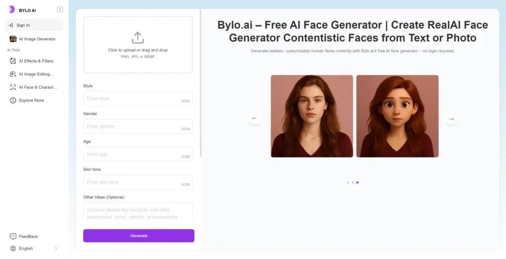 Bylo 無料AI顔生成サイト