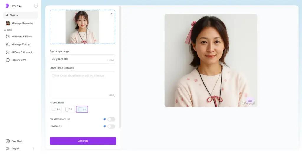 Bylo.ai - 無料AIエイジフィルター