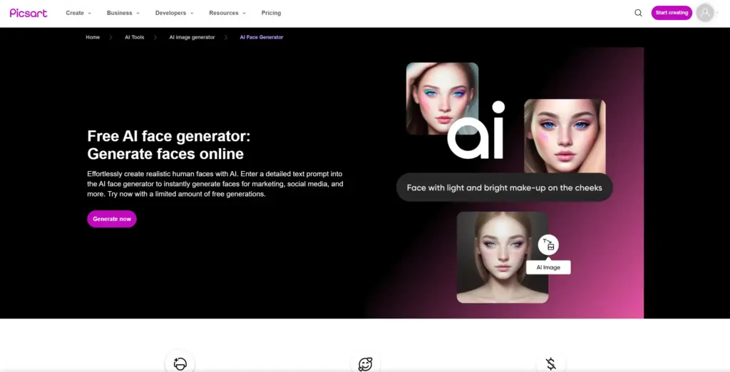 Picsart 無料AI顔生成ツール