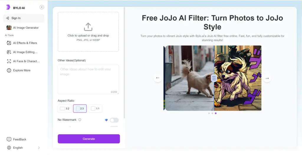 Bylo AI - 写真からジョジョ風に変換