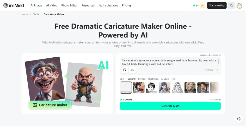 InsMinds 誇張似顔絵ジェネレーター