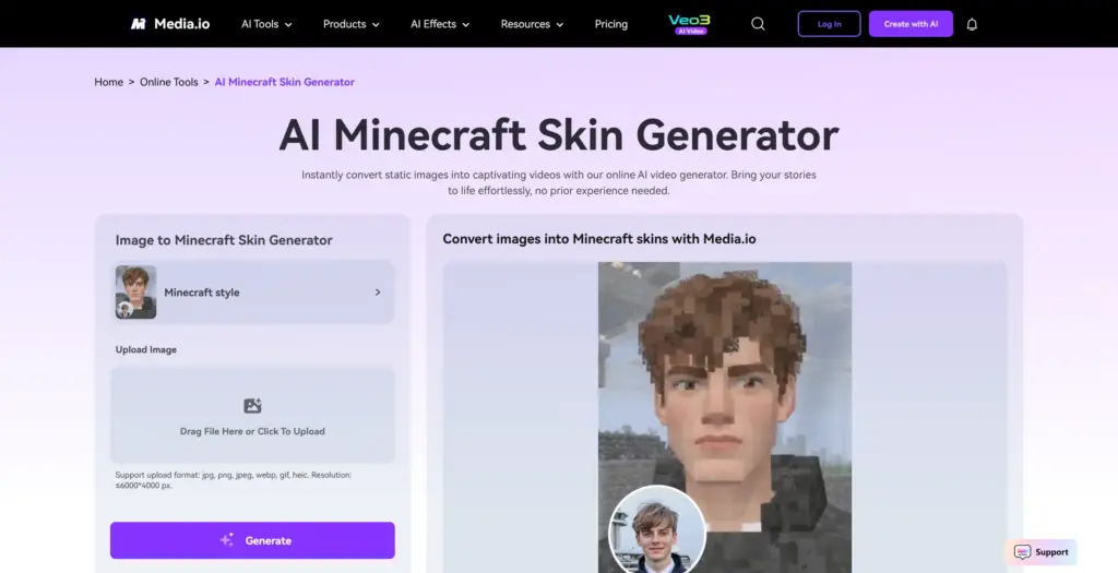 Media.io AIマイクラスキンジェネレーター