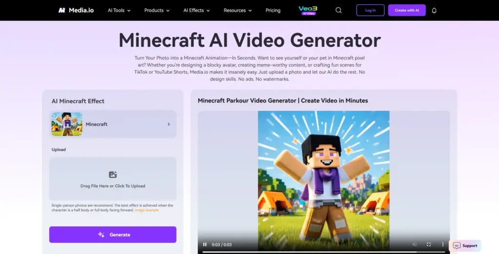 Media.io Minecraft AI 動画ジェネレーター