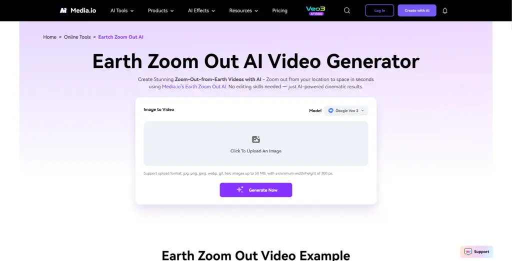 Media.io - 地球ズームアウト動画ジェネレーター