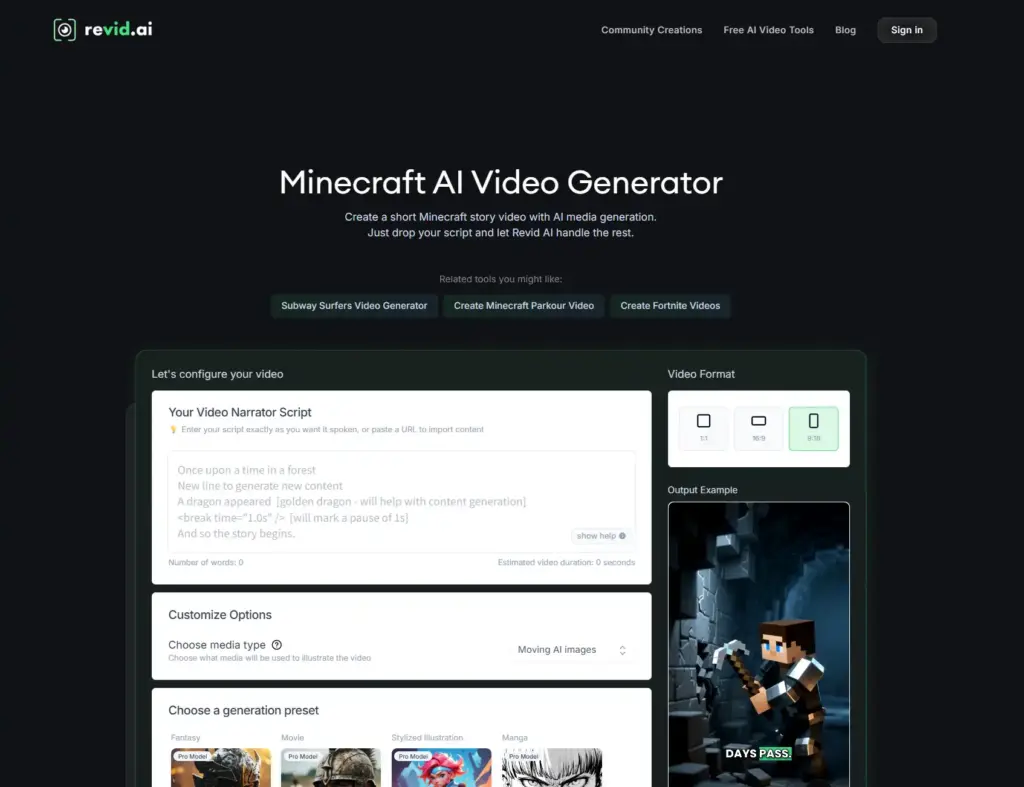Revid AI Minecraft 動画ジェネレーター