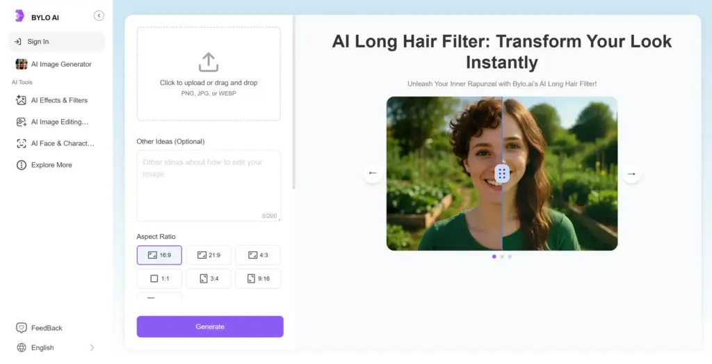 Bylo.ai AIロングヘアフィルター