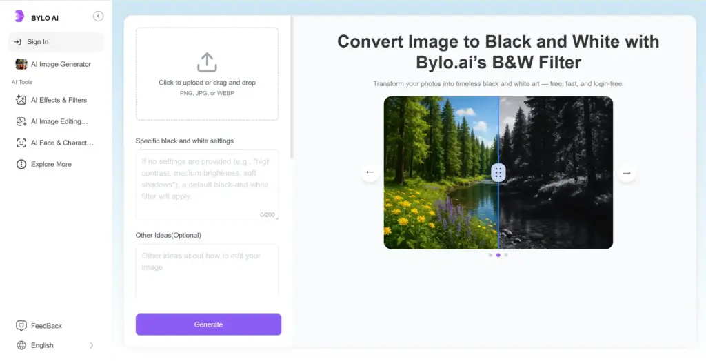Bylo.ai - 画像モノクロ化フィルター