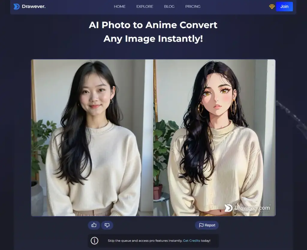 Drawever AI写真をアニメに変換