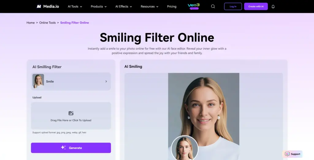 Media.io AI笑顔フィルター