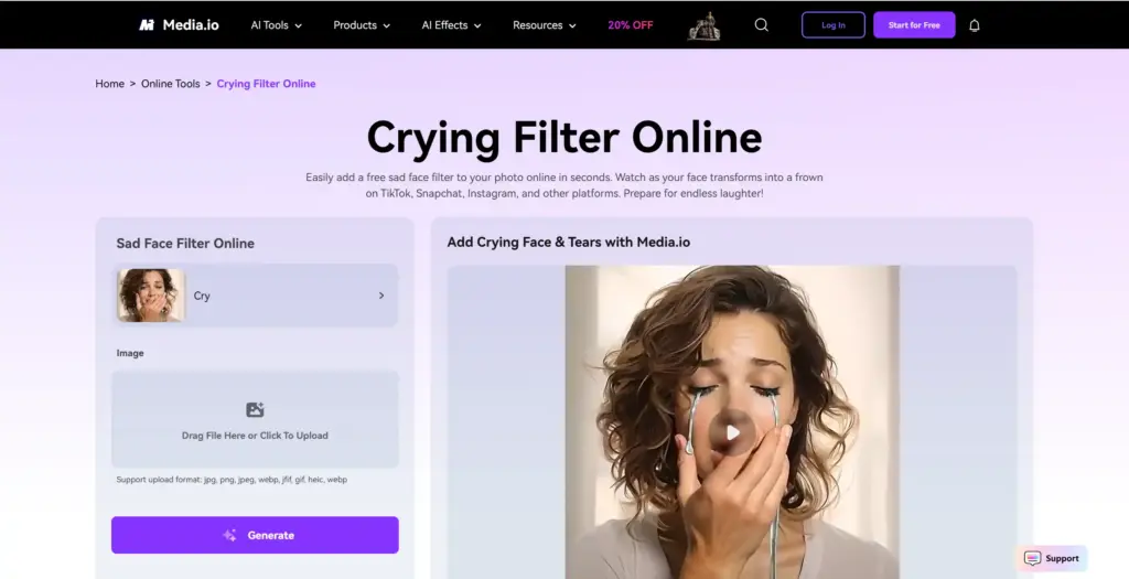 Media.io 泣き顔フィルター