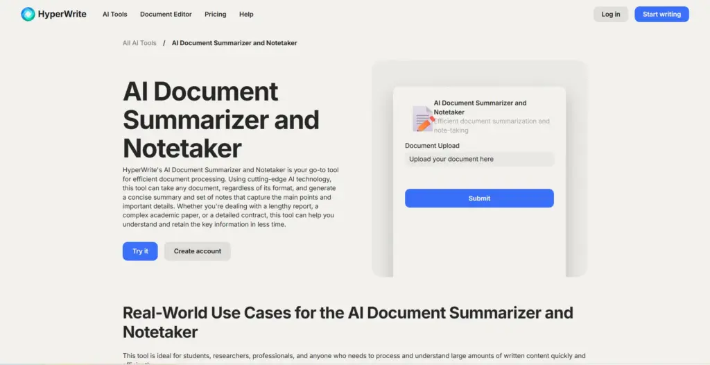 HyperWrite AI ドキュメント要約ツール