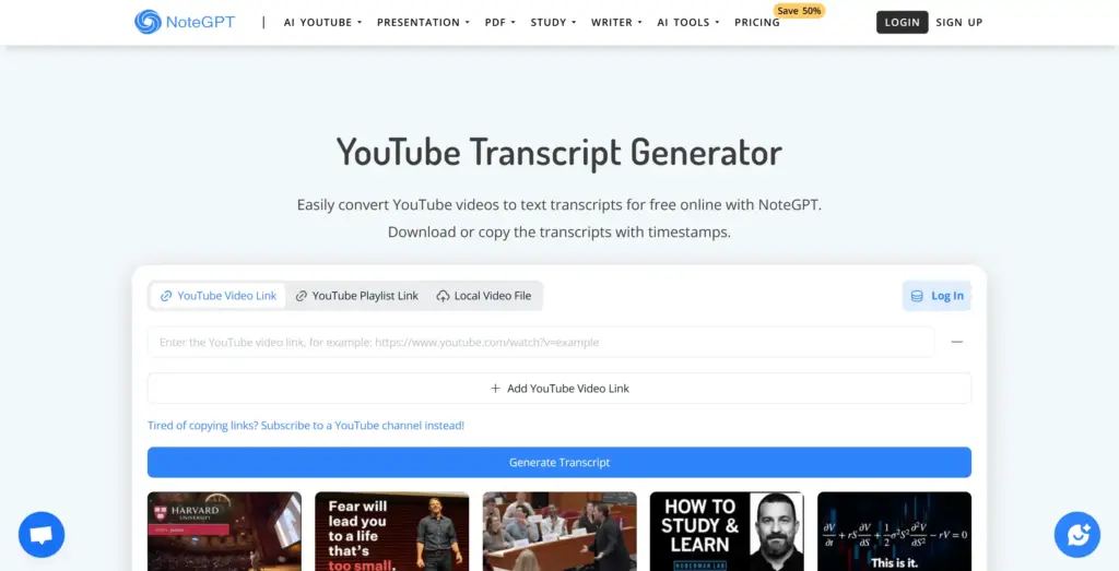 NoteGPT YouTube文字起こしジェネレーター