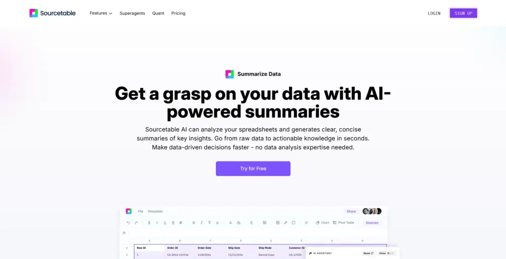 Sourcetable AI データ要約 - ChatGPT搭載