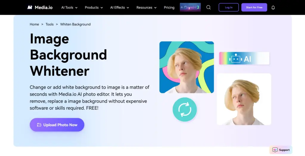Media.io - 白い背景を写真に追加