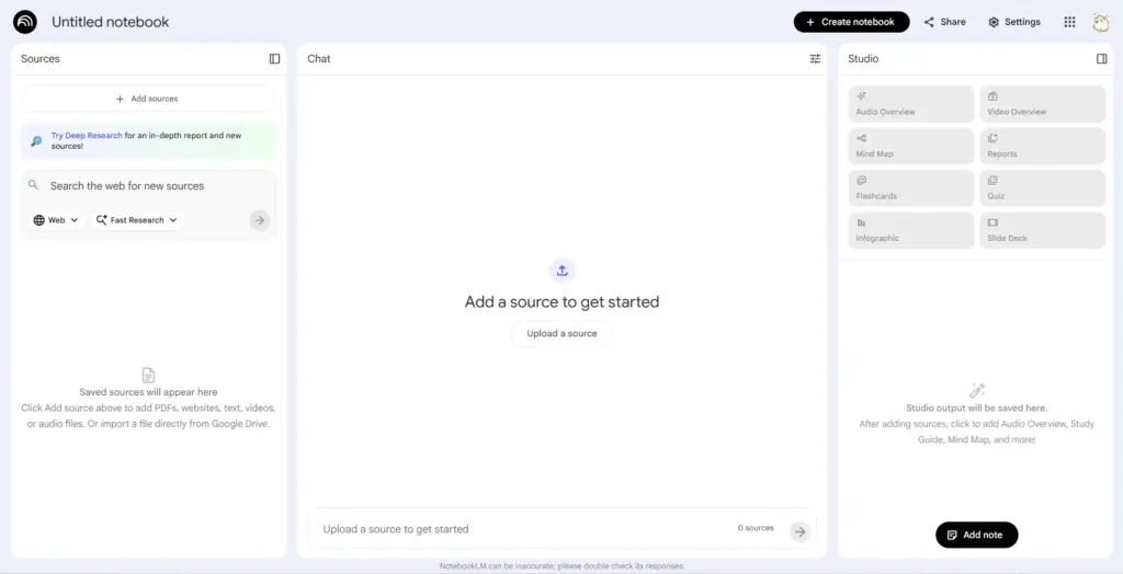 NotebookLM新しいプロジェクトのインターフェース